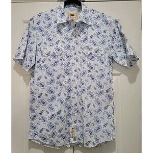 EUC Larry Mahan Mens MD Blue White Paisley Western Pearl Snap Shirt Cowboy Rodeo
